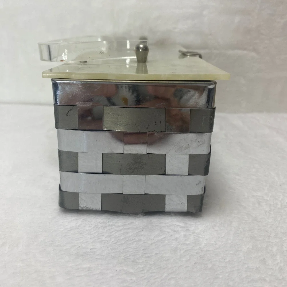 VTG Dorset Rex Lucite Basket Weave Metal Purse Silver White Bakelite Lid Handbag
